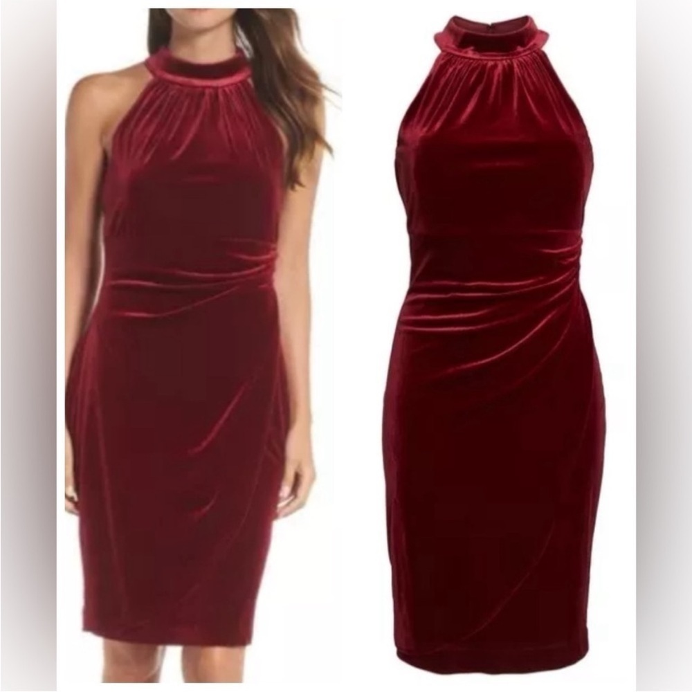 Vince Camuto Red/Burgundy Velvet Draped Ruched Halter Neck Dress NWT 6